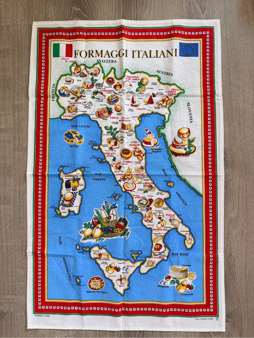Source Unknown Formaggi Italiani Map Tea Towel - Blue Red White